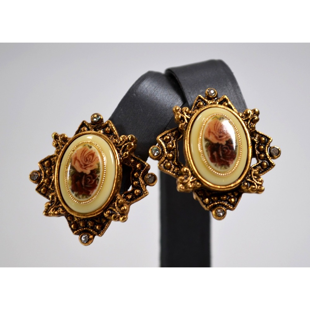 Vintage Gold Tone Clip On Earrings Oval Floral Rose Center Clear Rhinestones